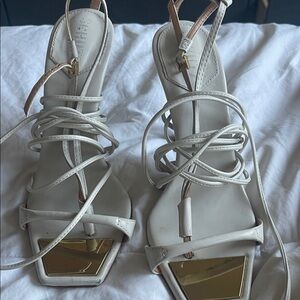 SCHUTZ Cream Lace-Up Square-Toe Heeled Sandals with Gold Toe Plate